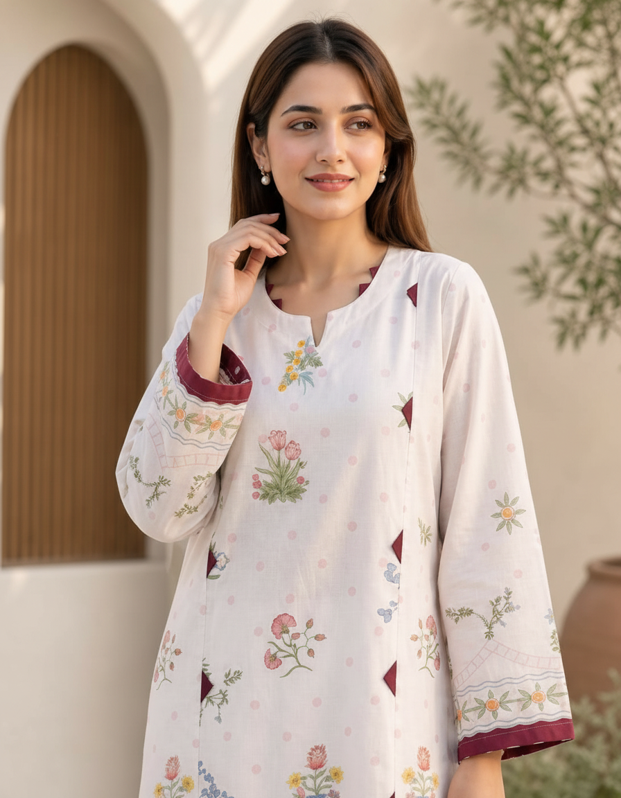 Floral Bloom Printed Lawn Kurti — Off-White &amp; Maroon