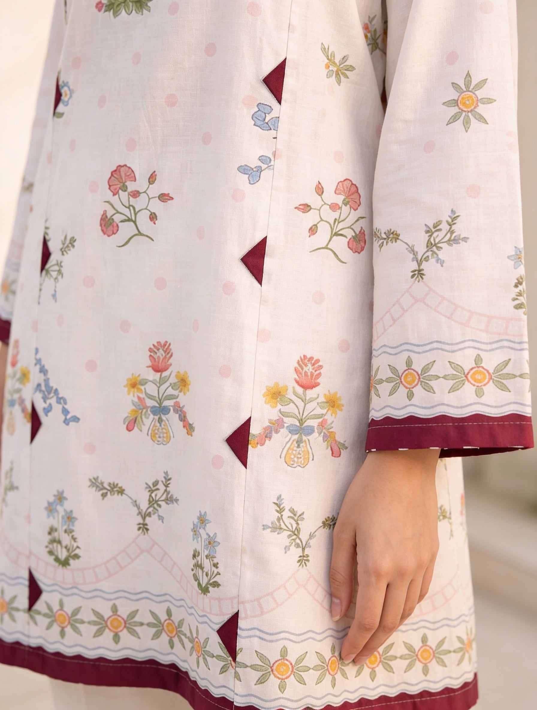 Floral Bloom Printed Lawn Kurti — Off-White &amp; Maroon