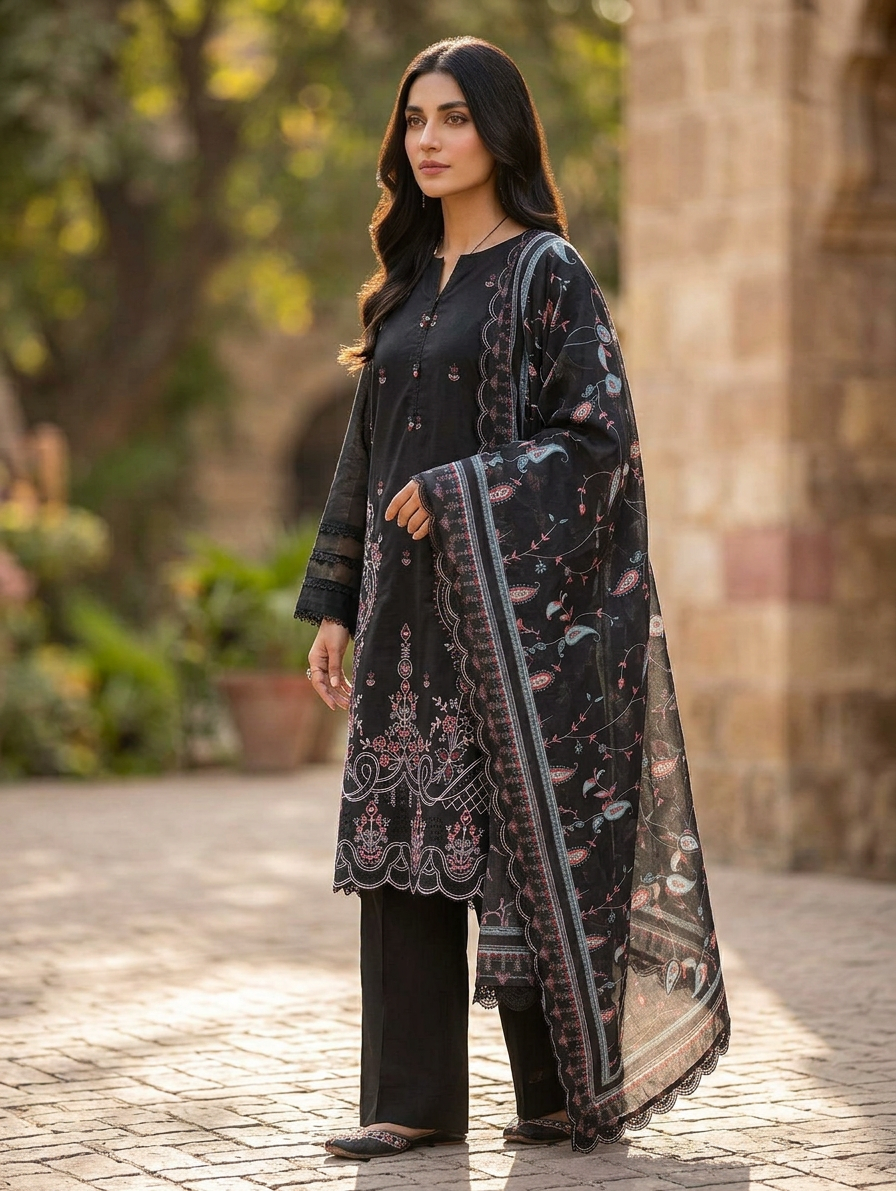 (See through fabric) Midnight Charm – Embroidered 3-Piece Lawn Suit