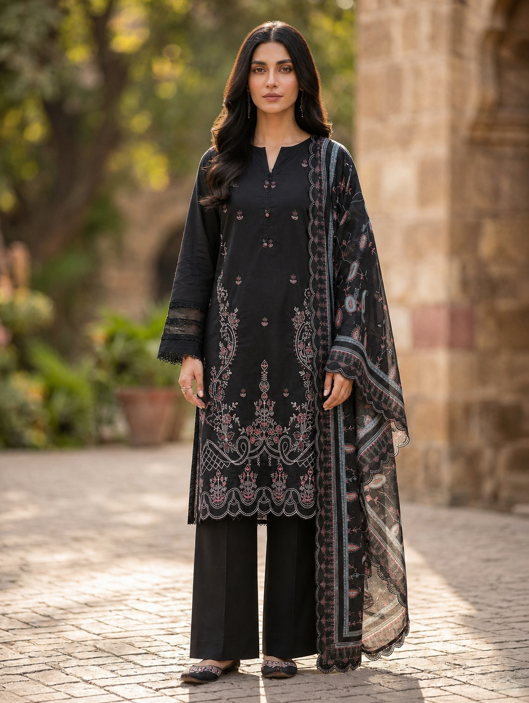 (See through fabric) Midnight Charm – Embroidered 3-Piece Lawn Suit
