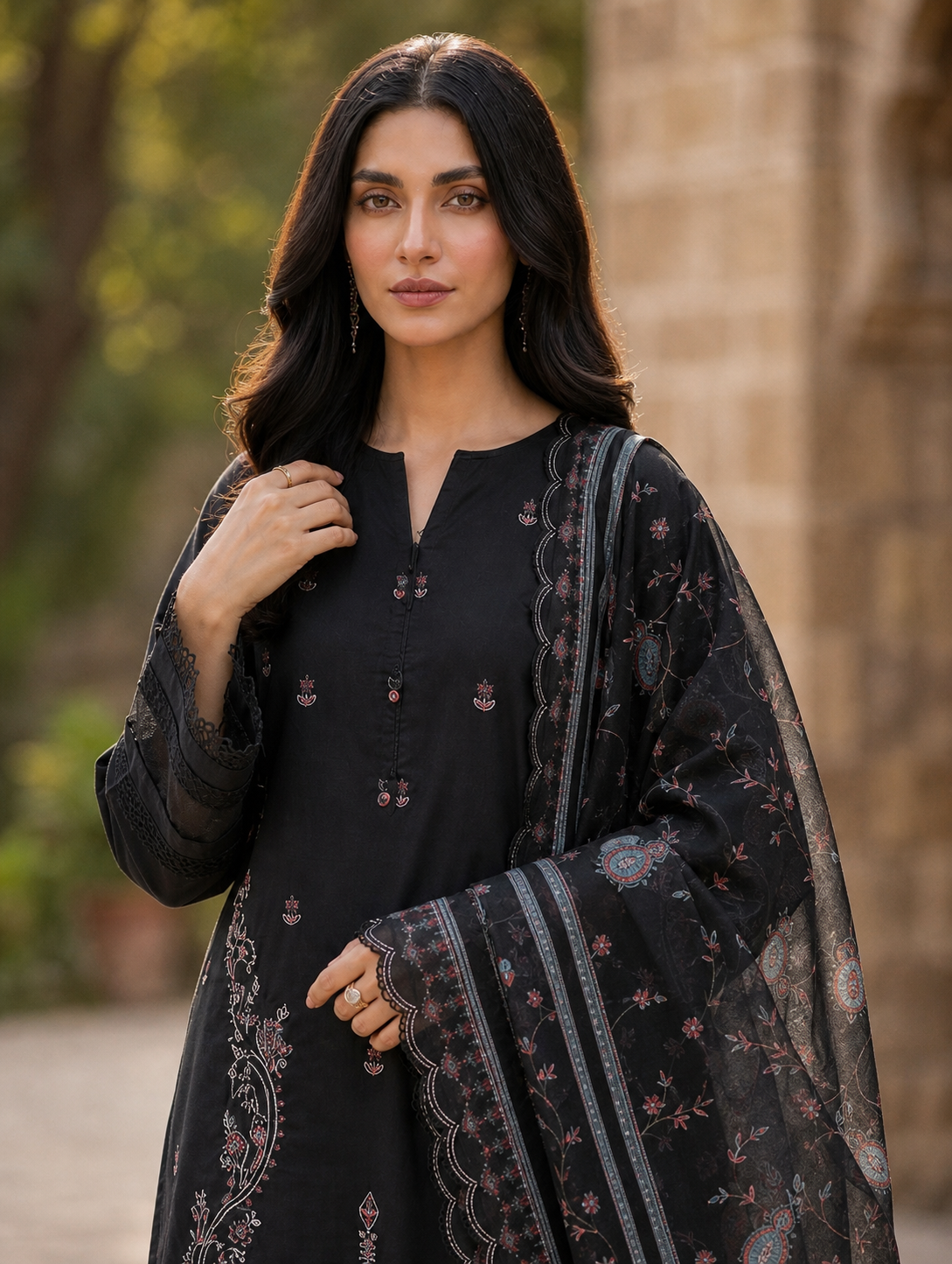 (See through fabric) Midnight Charm – Embroidered 3-Piece Lawn Suit