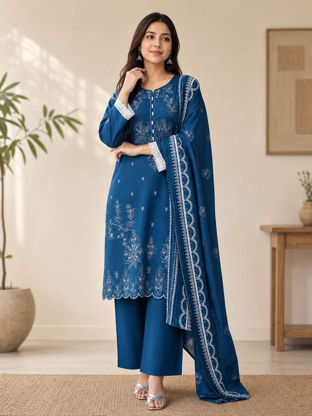 Dark Ferozi Embroidered 3-Piece Lawn Suit