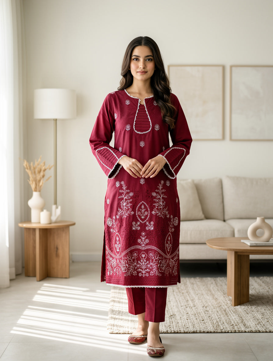 Maroon Embroidered 2-Piece Lawn Suit