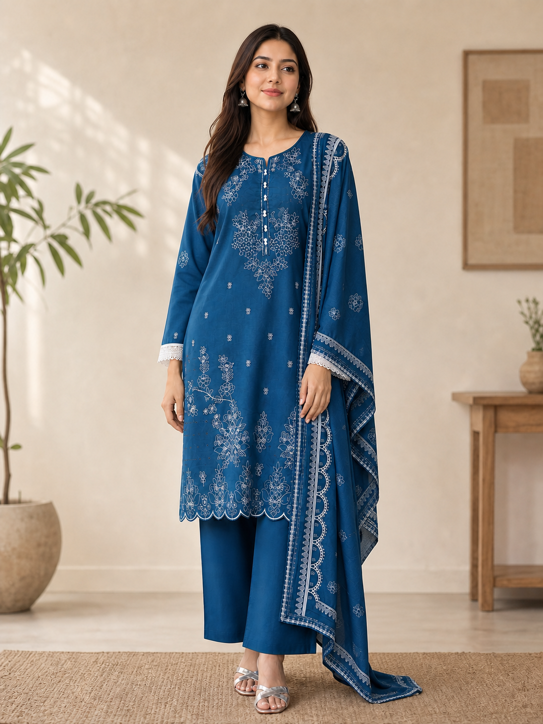 Dark Ferozi Embroidered 3-Piece Lawn Suit