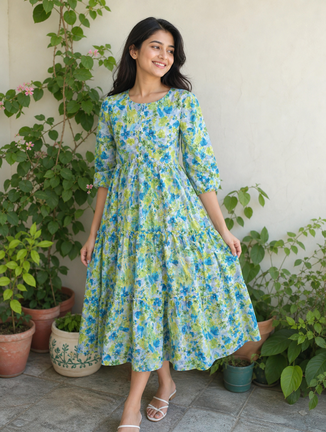 Spring Aquarelle Tiered Midi Dress