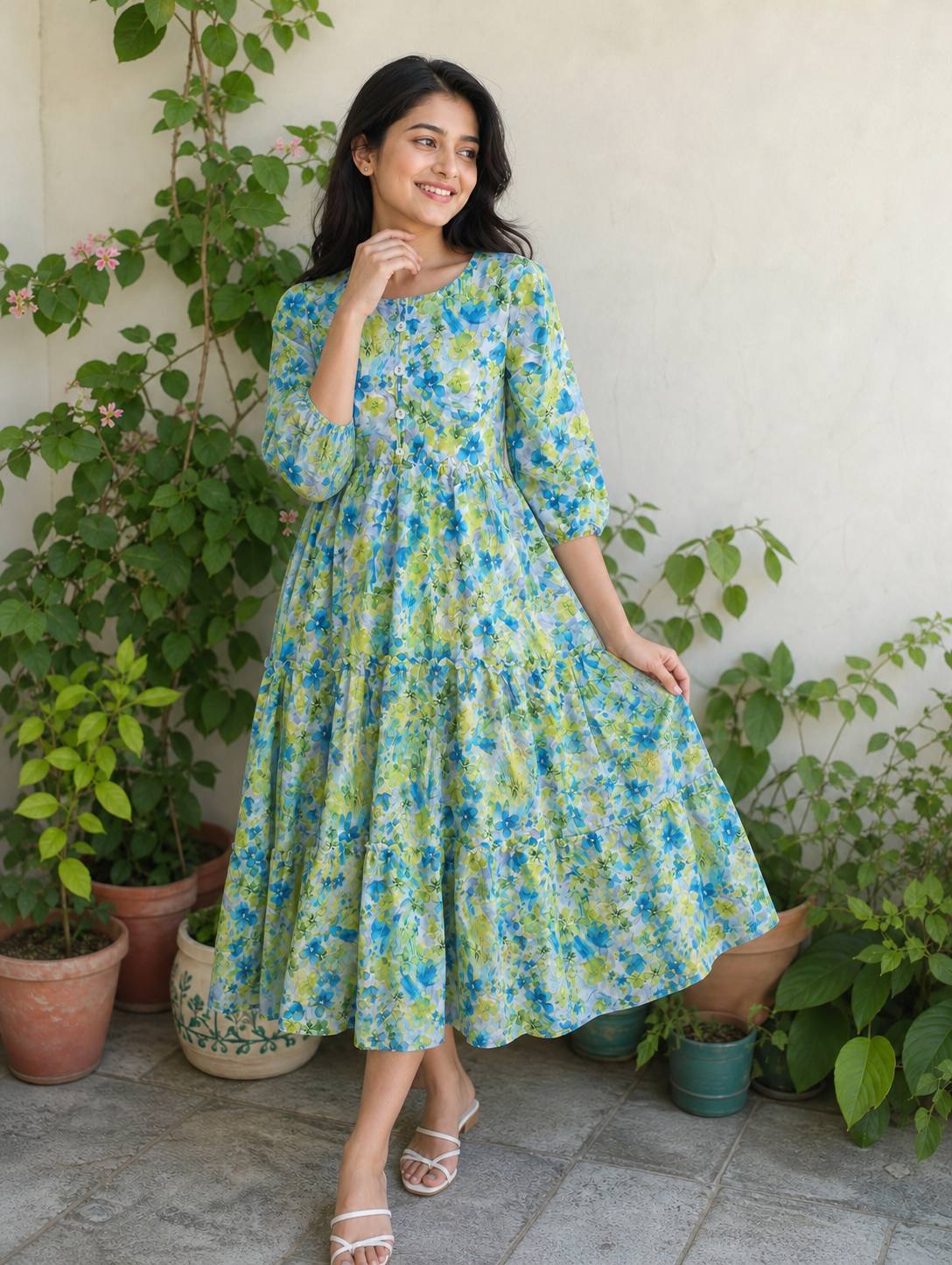 Spring Aquarelle Tiered Midi Dress
