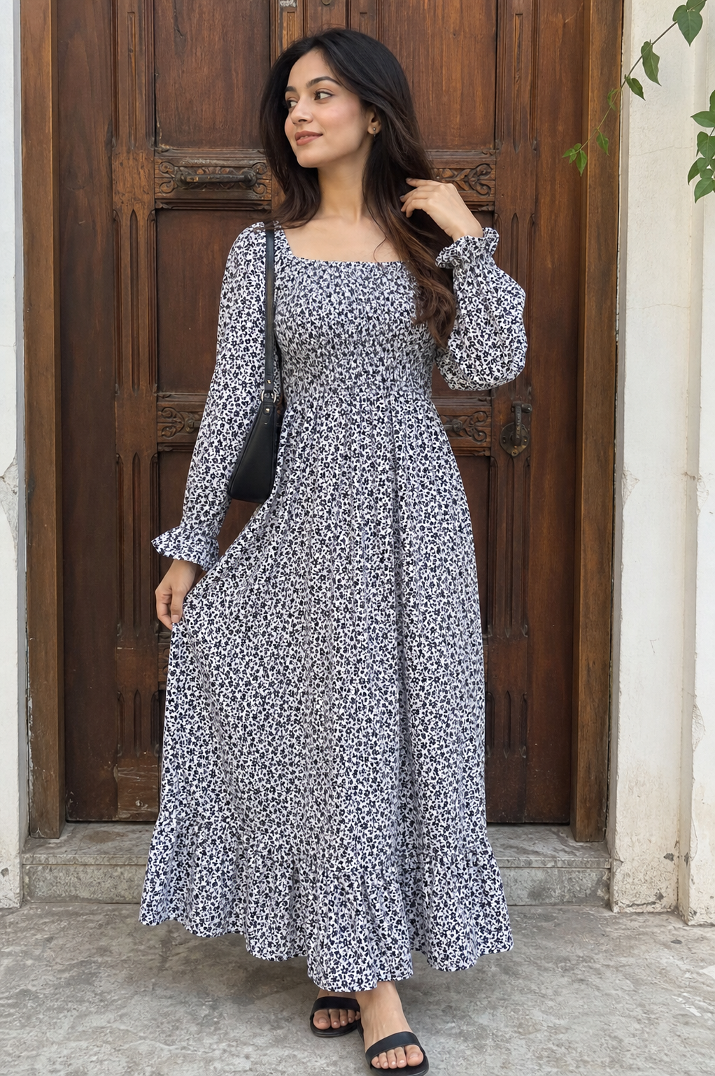 Monochrome Meadow Smocked Maxi Dress
