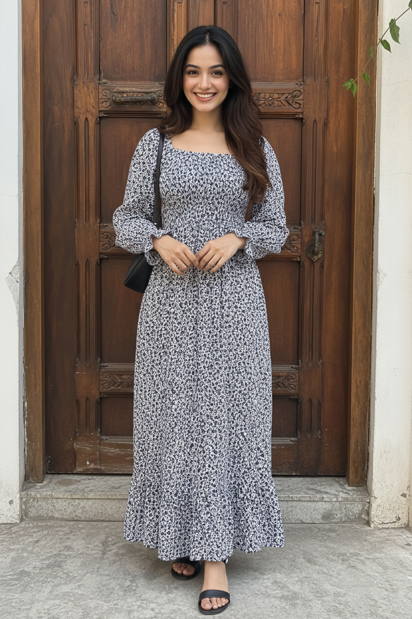 Monochrome Meadow Smocked Maxi Dress