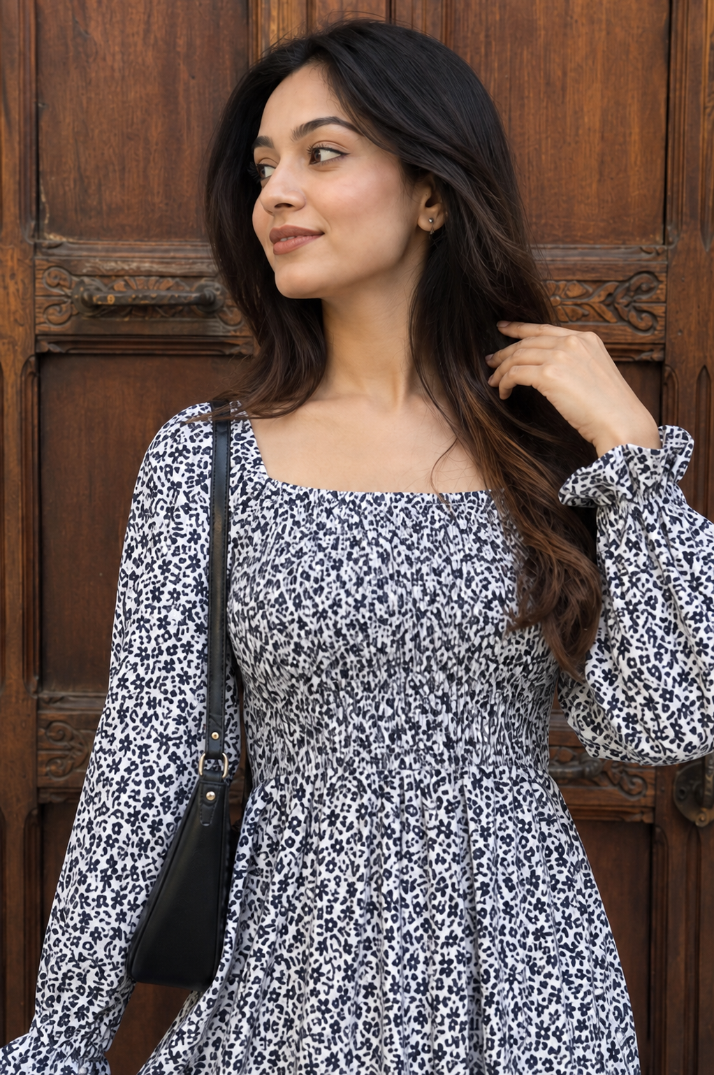Monochrome Meadow Smocked Maxi Dress