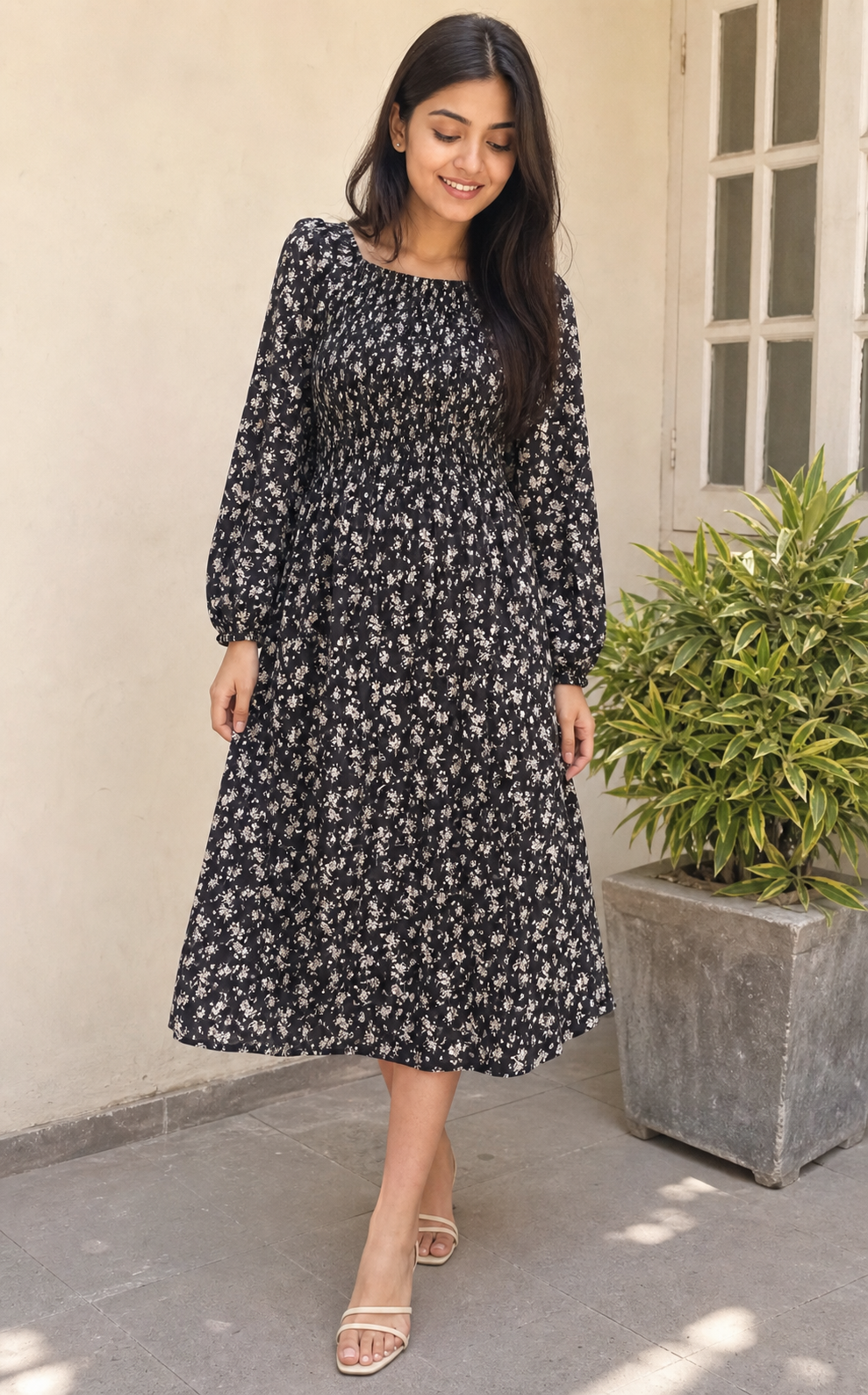 Midnight Bloom Smocked Midi Dress ( All size )