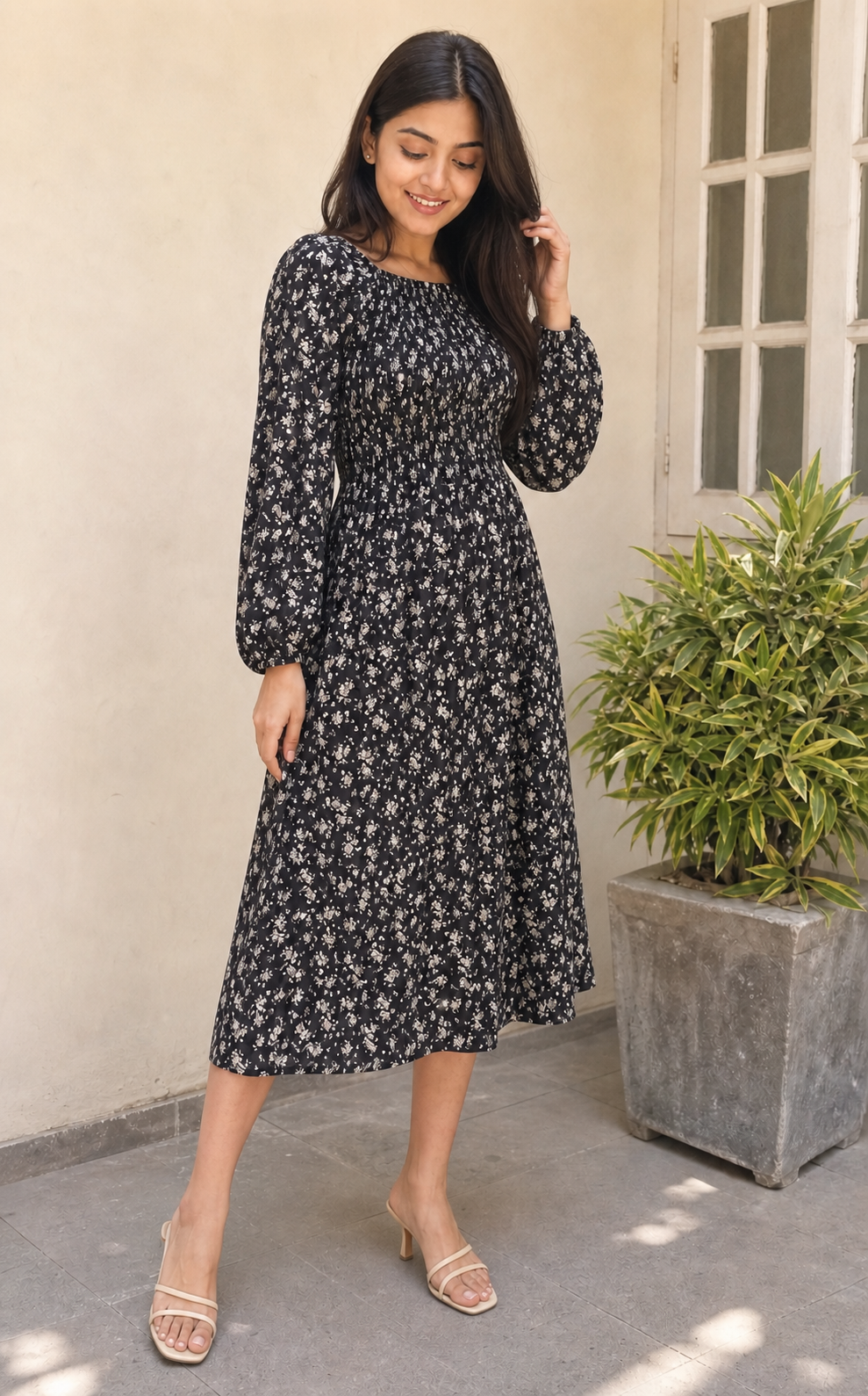 Midnight Bloom Smocked Midi Dress ( All size )
