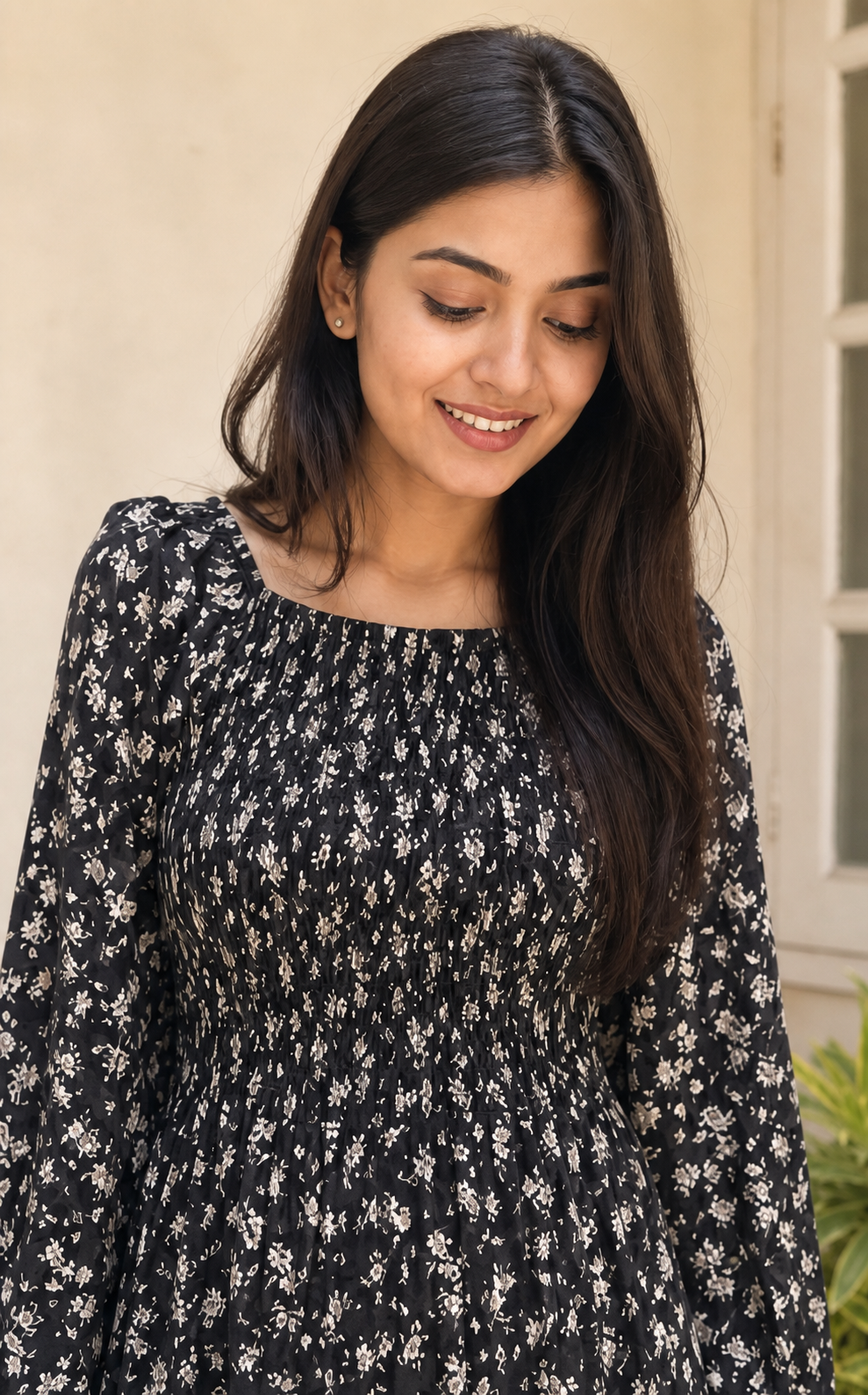 Midnight Bloom Smocked Midi Dress ( All size )