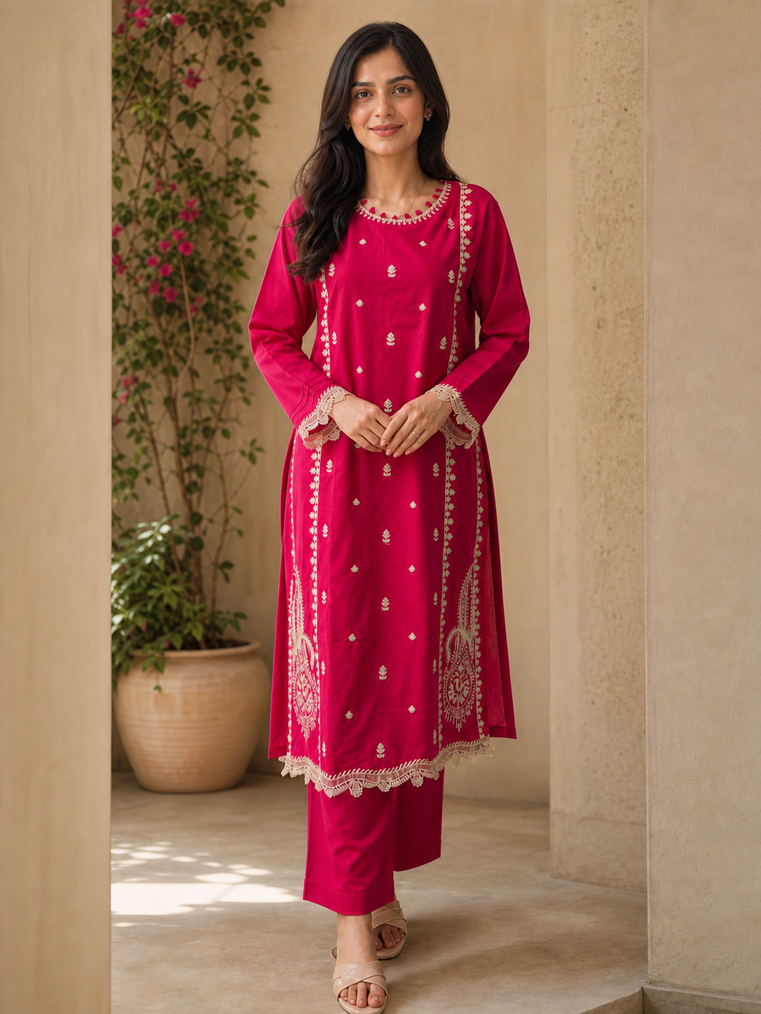 Rani Pink Embroidered Kurta Set