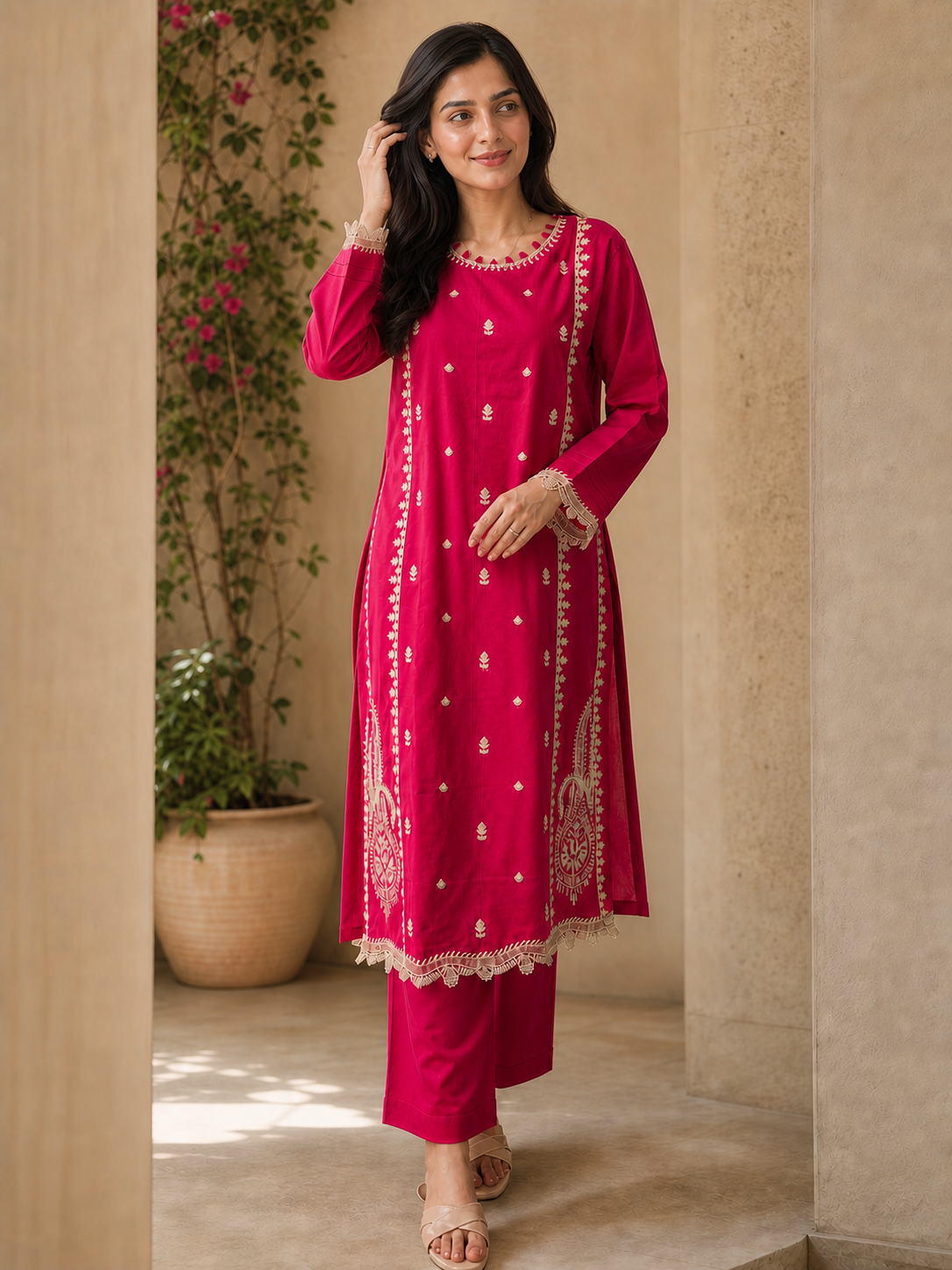 Rani Pink Embroidered Kurta Set
