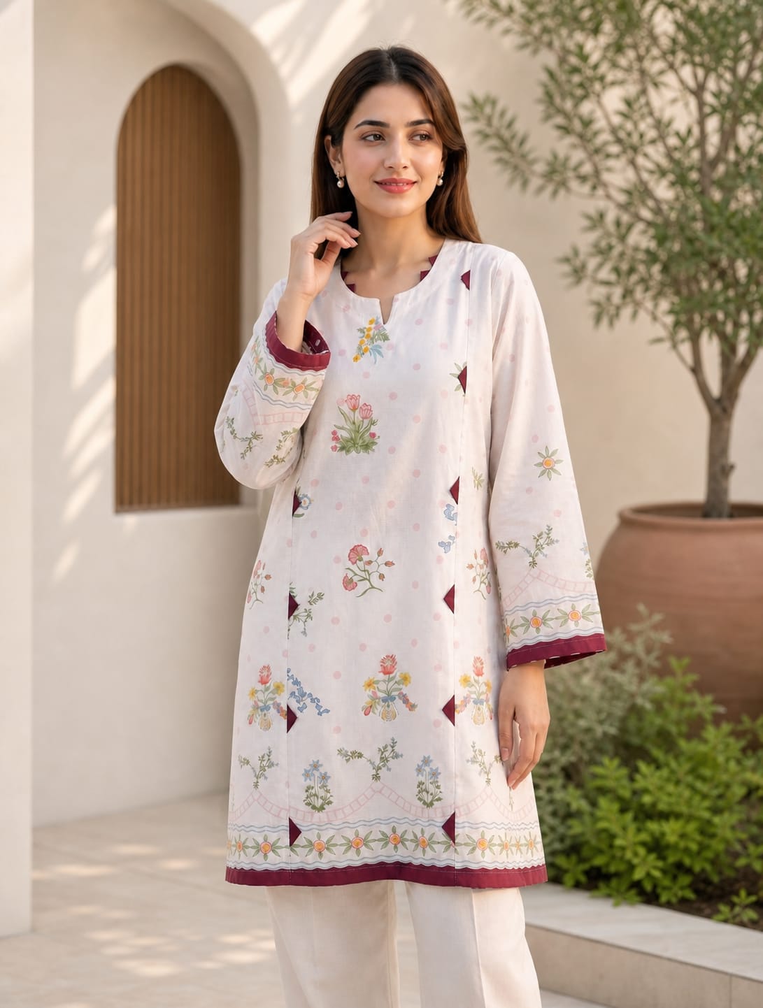 Floral Bloom Printed Lawn Kurti — Off-White &amp; Maroon