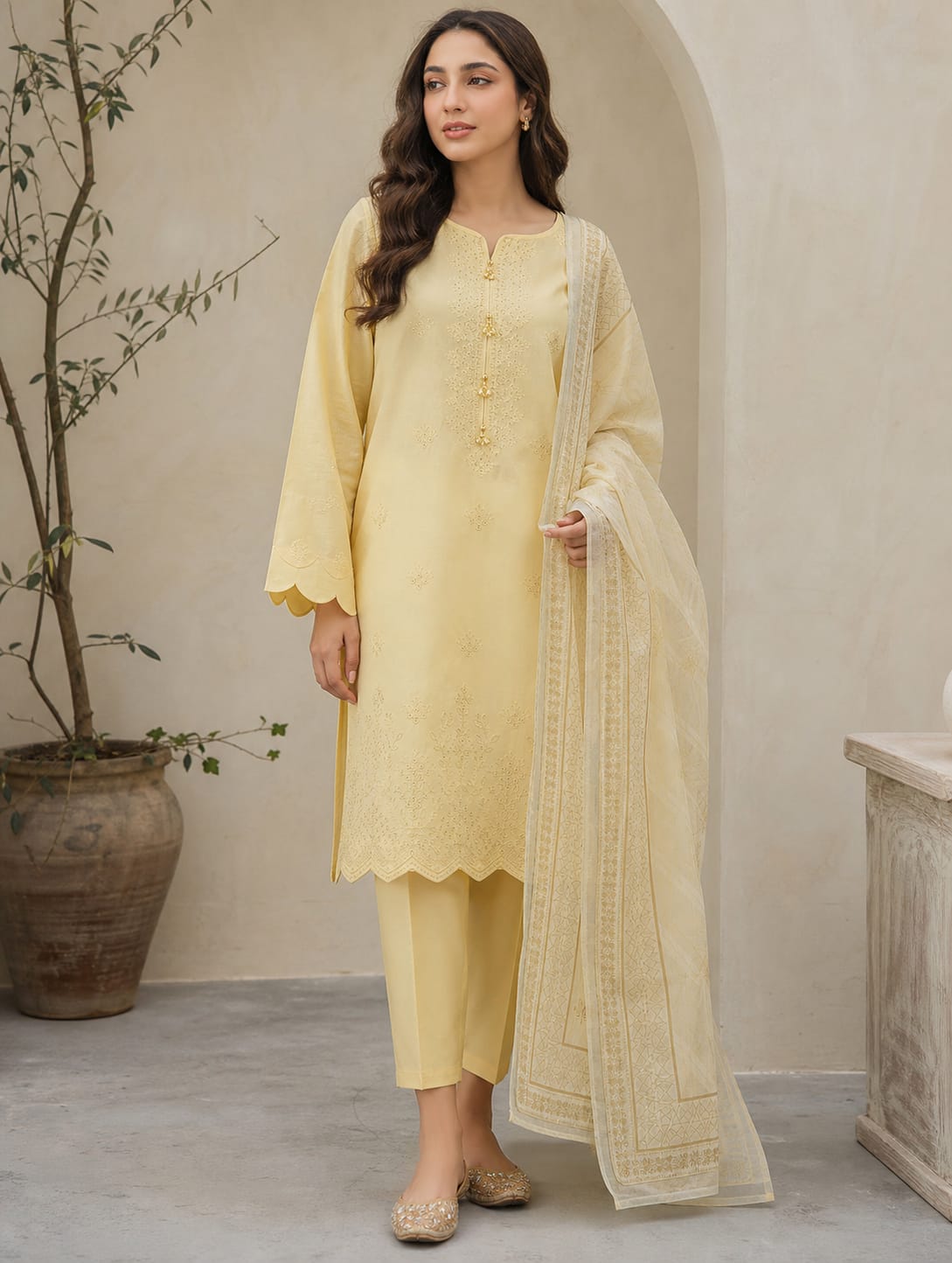 Pastel Yellow Embroidered 3-Piece Lawn Suit