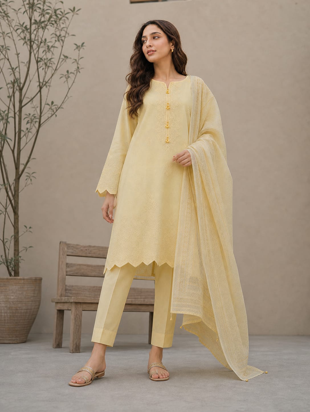 Pastel Yellow Embroidered 3-Piece Lawn Suit